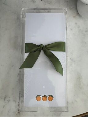 White Notepad with Orange Fruit Motif and Olive Green Bow